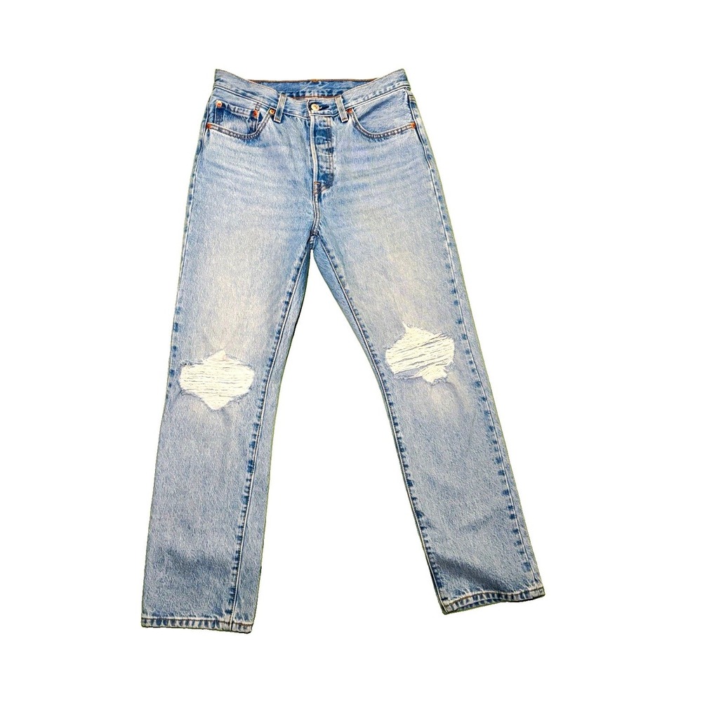 Levi's 501 Women's High Rise Straight Blue Light Wash Distressed Size 28